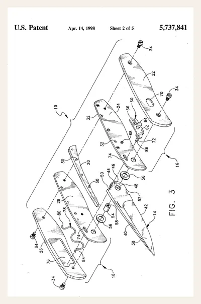Vista explosionada del despiece del crossbar lock: hojas, mangos, eje, barra de bloqueo, muelles omega y stop pin según el patente original USPTO de McHenry y Williams (FIG. 3, 1996)