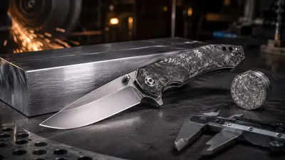 Hoja de cuchillo de acero inoxidable sobre fondo oscuro con luz lateral marcando el filo